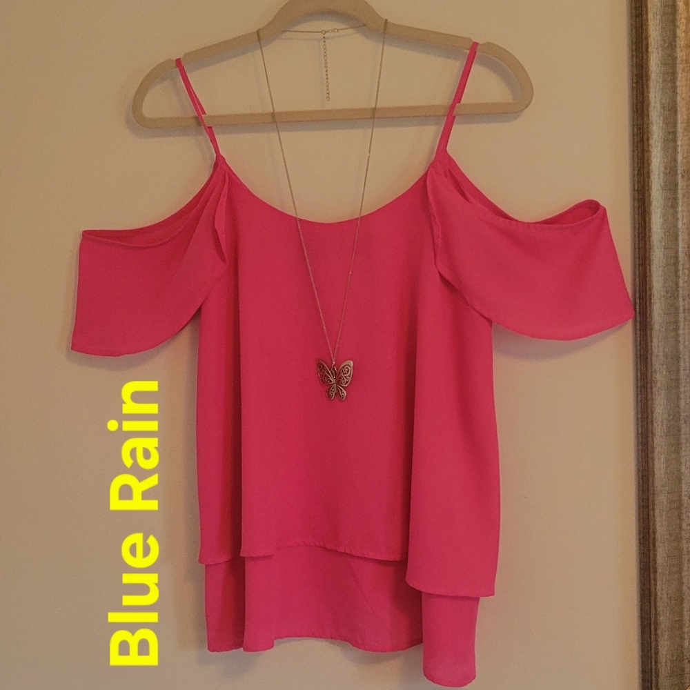 Blue Rain Vibrant Hot Pink Flowy Cold Shoulder Top w/Spaghetti Straps. Sz: M